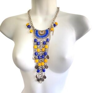 Blue Yellow Glass Beads Silvertone Bib Statement Necklace Chains Dangles